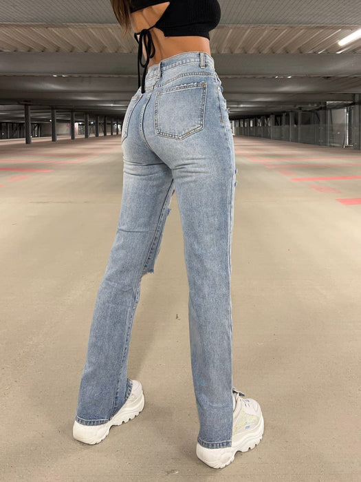 Spring Summer Urban Casual Washed-out Ripped Straight Jeans