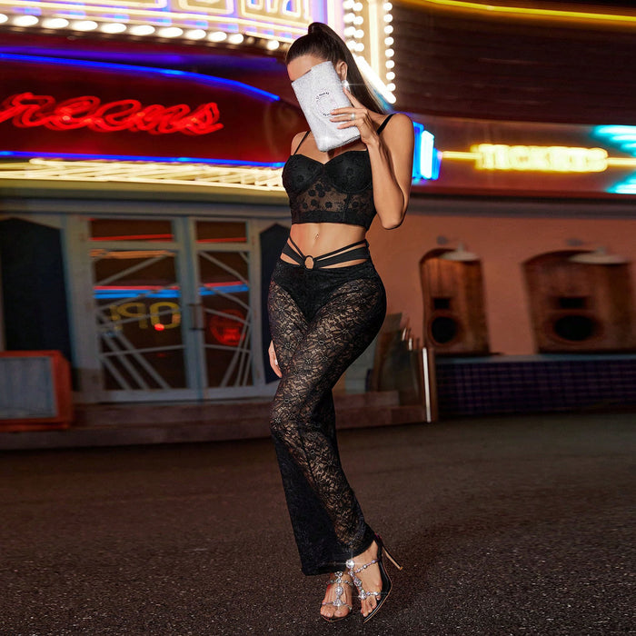 Arrival Sexy See through Lace Mid Waist Fit Casual Loose Wide Leg Pants Women Trousers