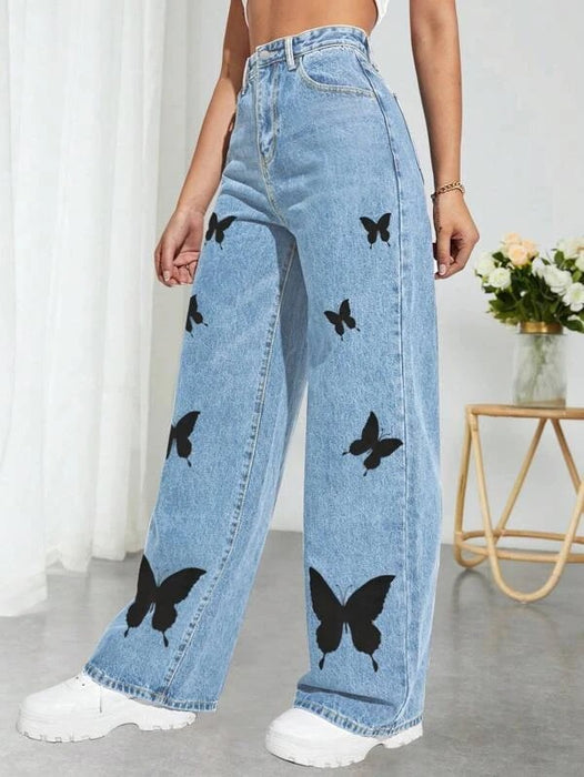 Butterfly Jeans Women High Waist Wash Trousers Personality All Matching Wide Leg Jeans