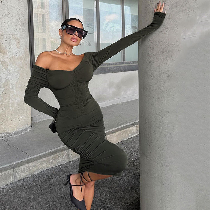 Fall Women Clothing Drop Shoulder Pleated Design Solid Color Long Sleeve Pleated off Shoulder Dress