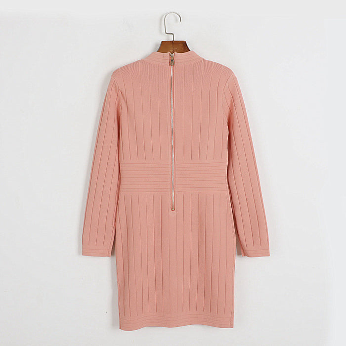 V Neck Long Sleeved Knitted Dress Spring Autumn Women Dress Street Hip Zipper Midi Dress