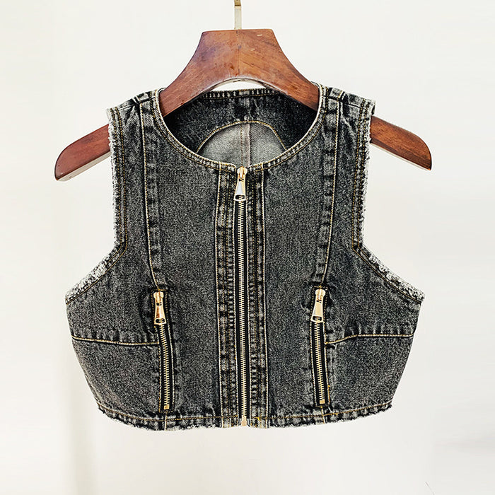 Goods Stars Zipper Denim Vest Top Denim Shorts Suit Two-Piece Set