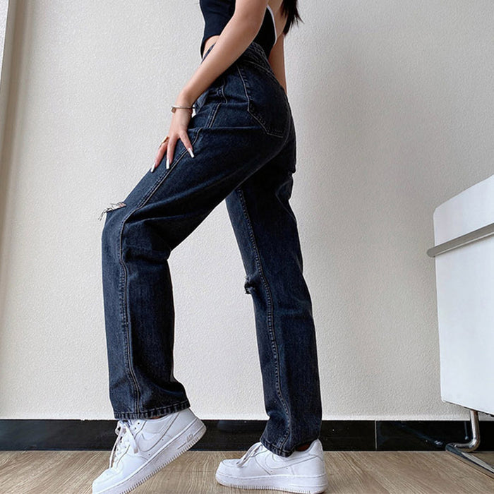 Women  Jeans Casual Wide-Leg Washed Ripped Mid-Waist Jeans for Women