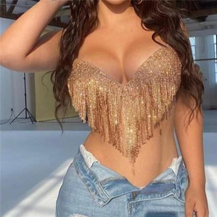 Women  Clothing Sexy Full Rhinestone Hanky Hem Tassel Exposed Cropped Deep V Plunge Vest Camisole Cropped Outfit Top