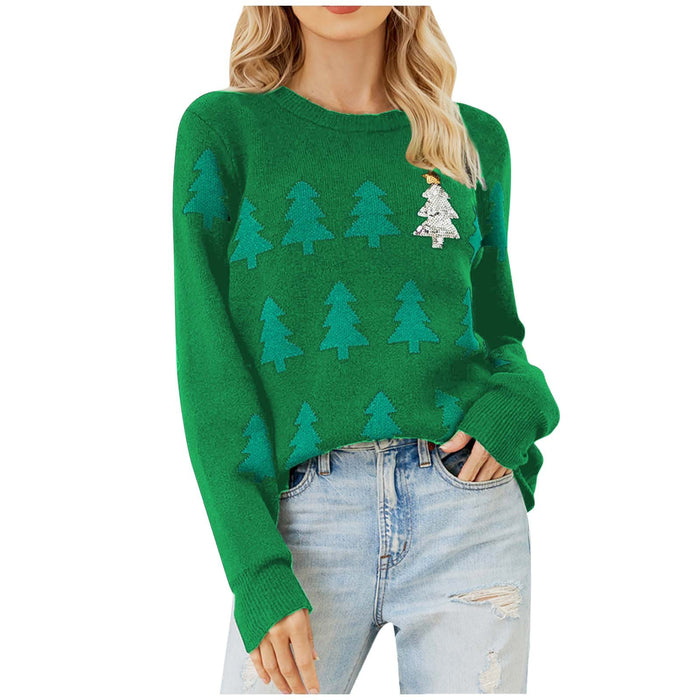 Christmas Tree Jacquard Christmas Sweater Women Casual Pullover Sweater