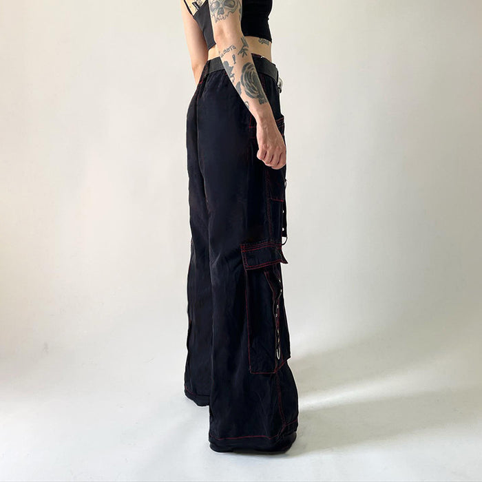 Niche Dark Heavy Industry Metal Ribbon Large Pocket Overalls Women High Waist Drooping Loose Mop Jeans No Belt