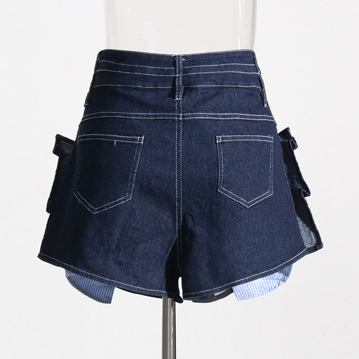 Summer High Waist Slimming Dark Blue Rivet Ruffled Contrast Color Denim Shorts Pants