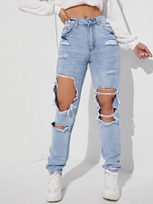 High Waist Straight Large Ripped Denim Trousers Women