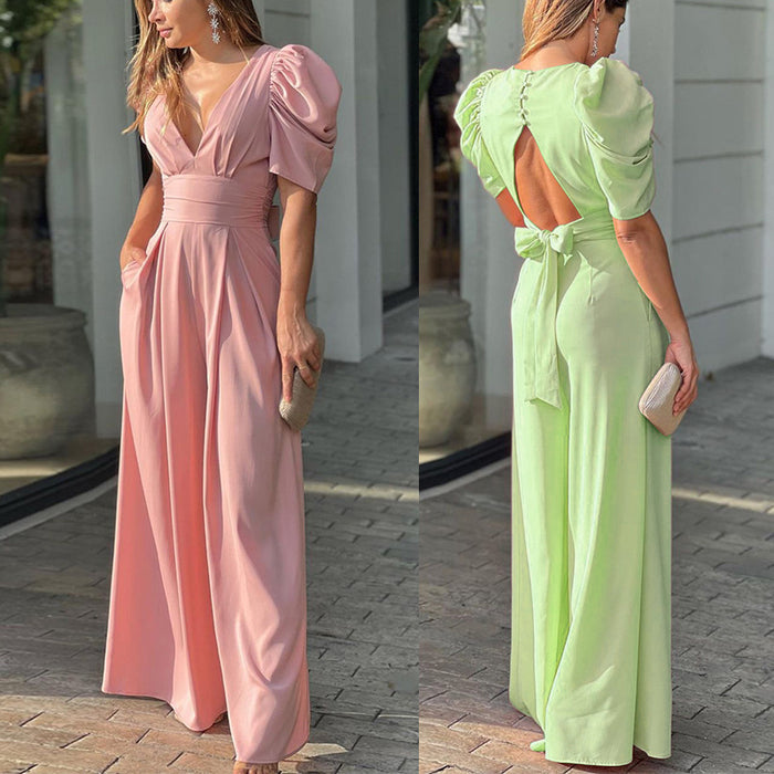 Summer Women Clothing Sexy V-neck Backless Long Jumpsuit