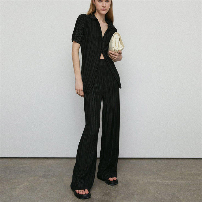 Summer Short Sleeve Loose Pleated Straight Leg Pants Two-Piece Set Sexy Complex Set Collar Sexy Set