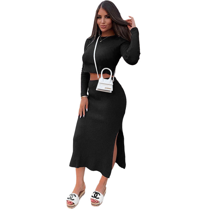 Women Clothing Autumn Winter Sunken Stripe Sweater Skirt Two-Piece Suit