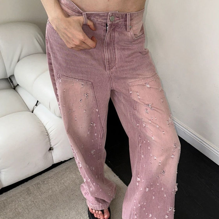 Pink Retro Tattered Jeans Jeans Women Design Straight Loose Slimming Wide Leg Draping Effect Trousers