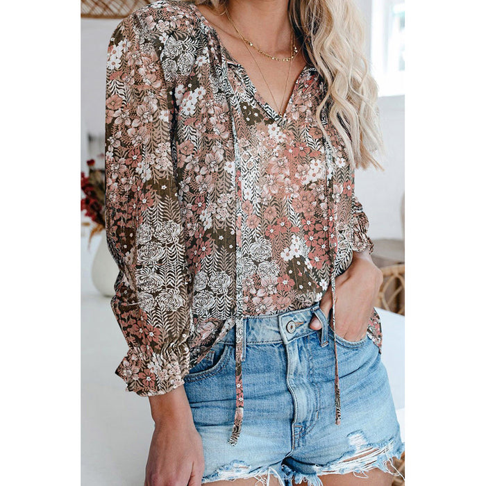 Bohemian Long-Sleeved Chiffon Shirt Women Loose V-neck Pullover Top