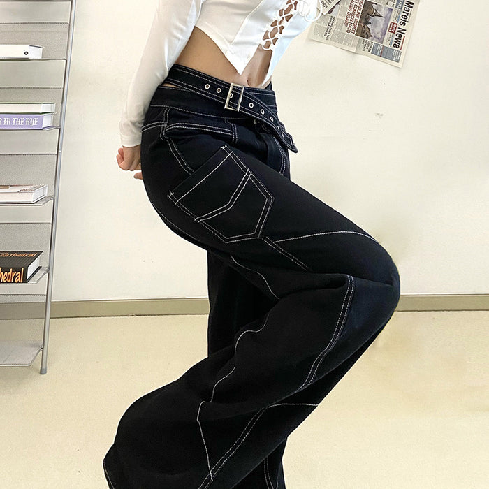 Women Unique Design Bright Line Denim Straight-Leg Pants Loose Wide Leg Mop Pants Low Waist Slimming Trousers