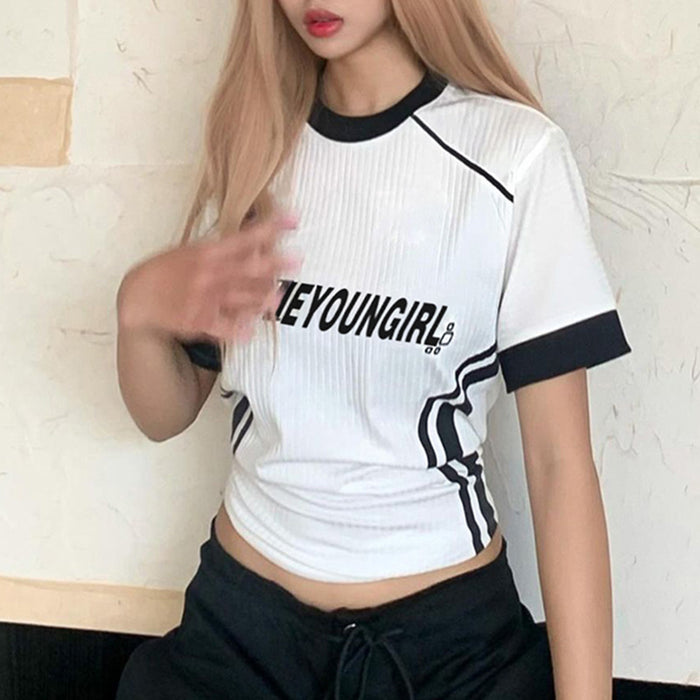 Street Mechanical Basic Letter Graphic Print Sunken Stripe T shirt Sexy Fashionable Contrast Color Striped Stitching Short Top