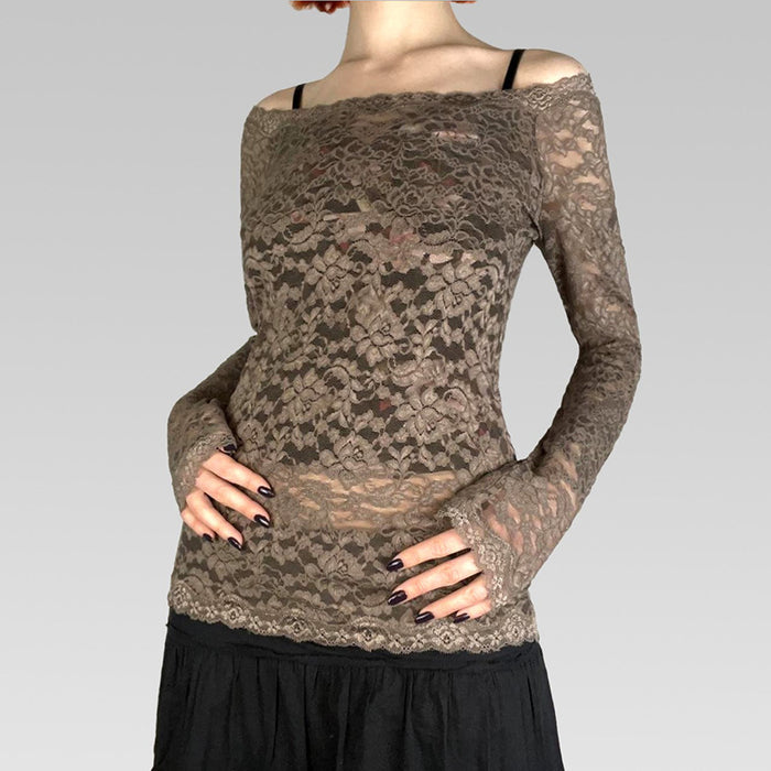 Lace Blouse T shirt Sexy See through Thin Outer Match Top