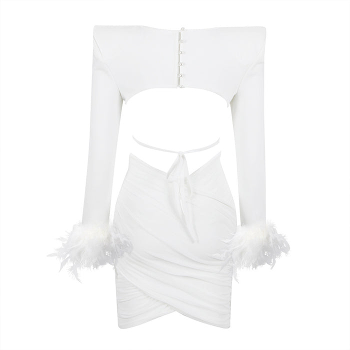 sets Sexy Cropped Feather Cuff Long Sleeve Top Tight Pleated Skirt Two Piece Set