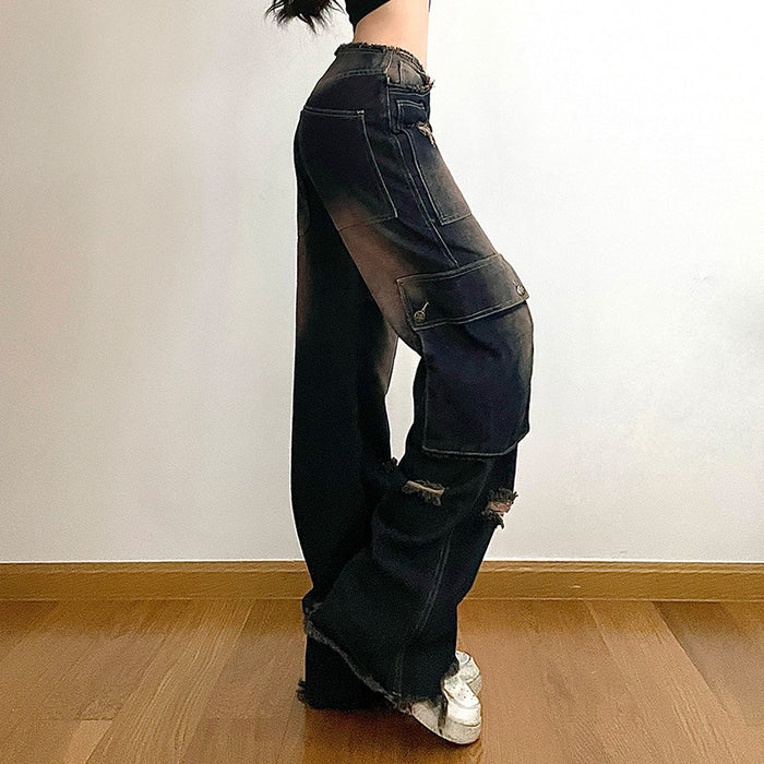 Street Retro Distressed Asymmetric Pocket Design Ripped Jeans Low Waist Slimming Street Shooting Casual Trousers