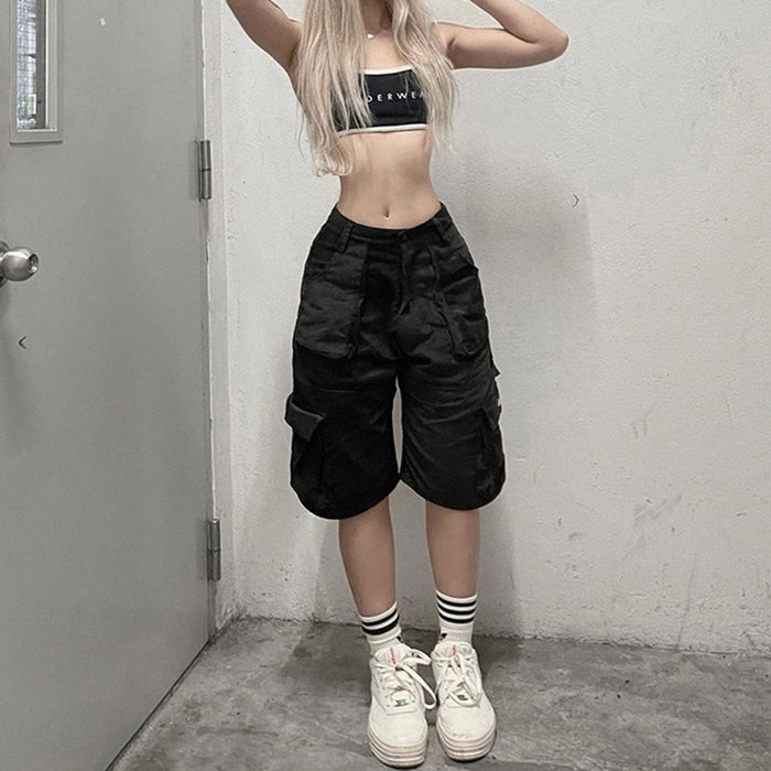 Street Trendy Cool Multi Pocket Loose Cargo Jeans High Waist Slimming Hip Hop Casual Pants Shorts Cropped Pants