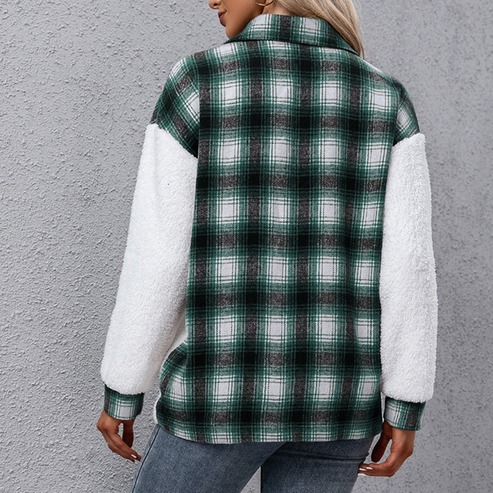 Thick Cashmere color block Long Sleeve Plaid Stitching Loose Casual Plush Plaid Shacket Jacket Coat Top Women