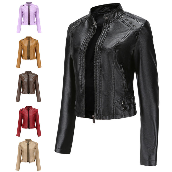 Women  Clothing New Rivets Leather Women Short Spring Autumn Jacket Long Sleeve Women Jacket Thin Stand Collar Fashion Jacket