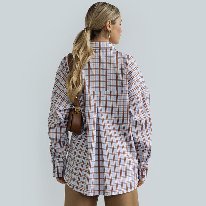 Women  Autumn Long Sleeve Plaid Shirt Retro All Matching Collared Loose Shirt