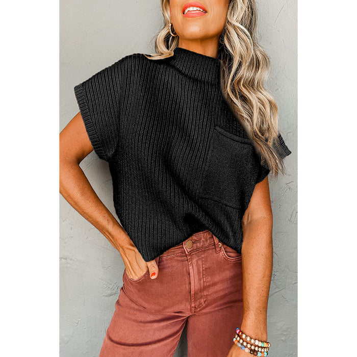 Fall Solid Color Pullover High Collar Short Sleeved Top Women Simple Thread Sweater Women