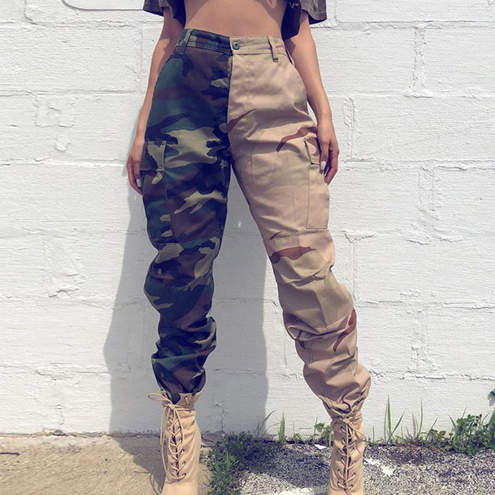 Street Shooting Camouflage Dark Green Pocket Stitching High Waist Wide-Leg Overalls Female