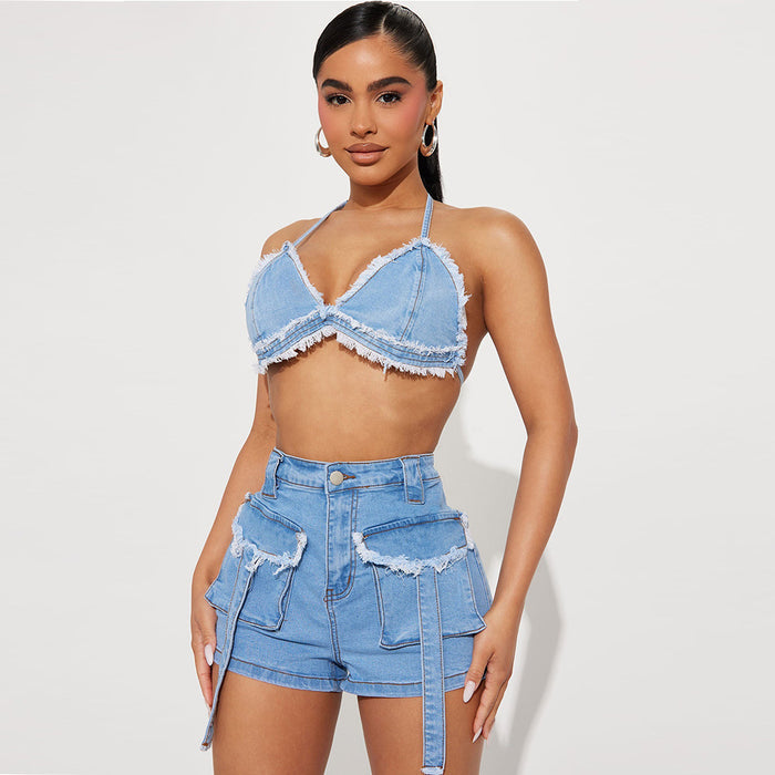 Denim Women Wear Summer Cropped Hollow Out Cutout Elastic Sling Top Drawstring Shorts Two Piece Set