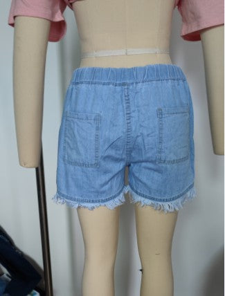 High Waist Drawstring Tassel Denim Shorts Women