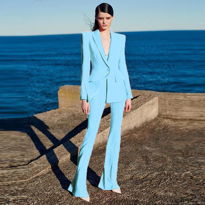 Women Star Business Wear One Button Cloth Cover Mid Length Suit Bell Bottom Pants Suit Two Piece Suit