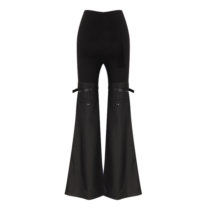 Special Interest Design Trousers Women  Knee Belt Slim Fit Slimming Sheath Long Leg Knitted Stitching Bell Bottom Pants