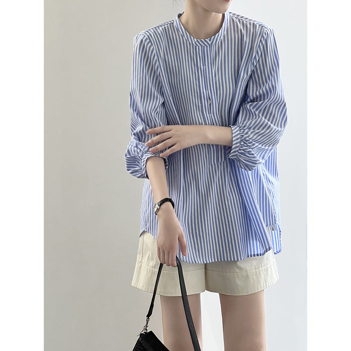 Korean Half Placket Striped Shirt for Women Autumn Stand Collar Long Sleeve Design Blouse