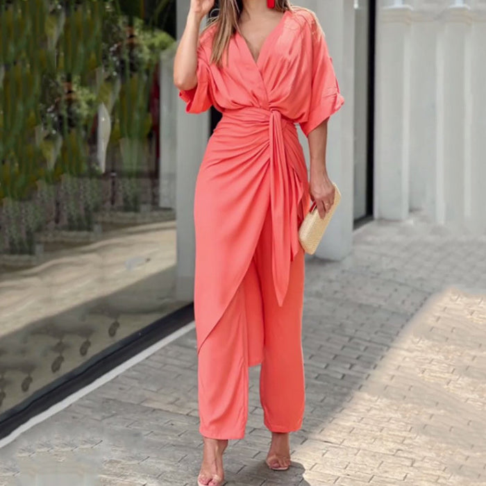 Women  Jumpsuits Suit Casual V neck Short Sleeve Solid Color Jumpsuit Two Piece Suit