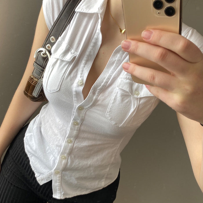 Solid Color Short Sleeve Shirt Women Niche Sexy Waist Tight Slimming Breasted Cardigan Collared Irregular Asymmetric Casual Top