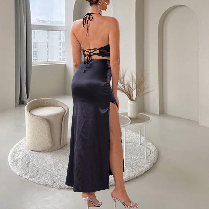 Elegant Halter Black Skirt Set Sexy Slit High Waist Skirt Two Piece Set