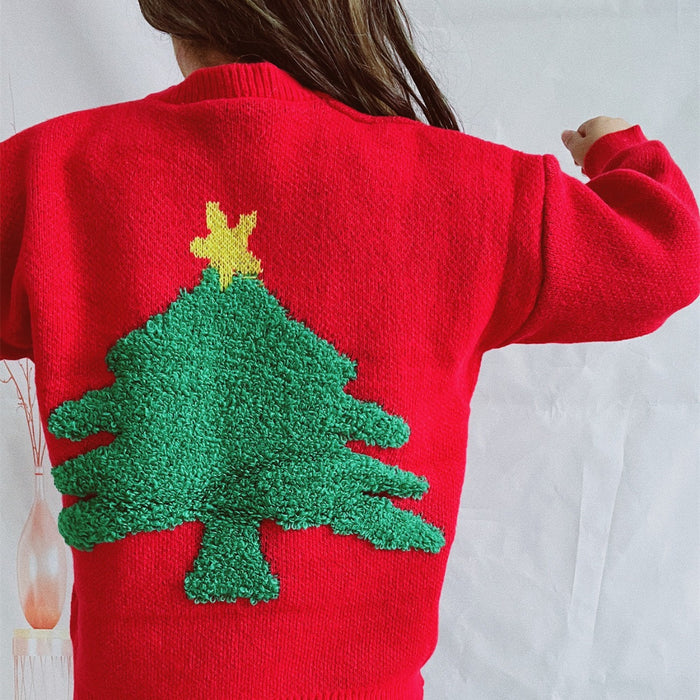 Autumn Winter Round Neck Long Sleeve Letter Graphic Christmas Tree Jacquard Knitted Christmas Sweater Pullover