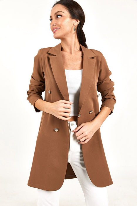 Women Clothing Business Solid Color Casual Double-Breasted Mid-Length Blazer