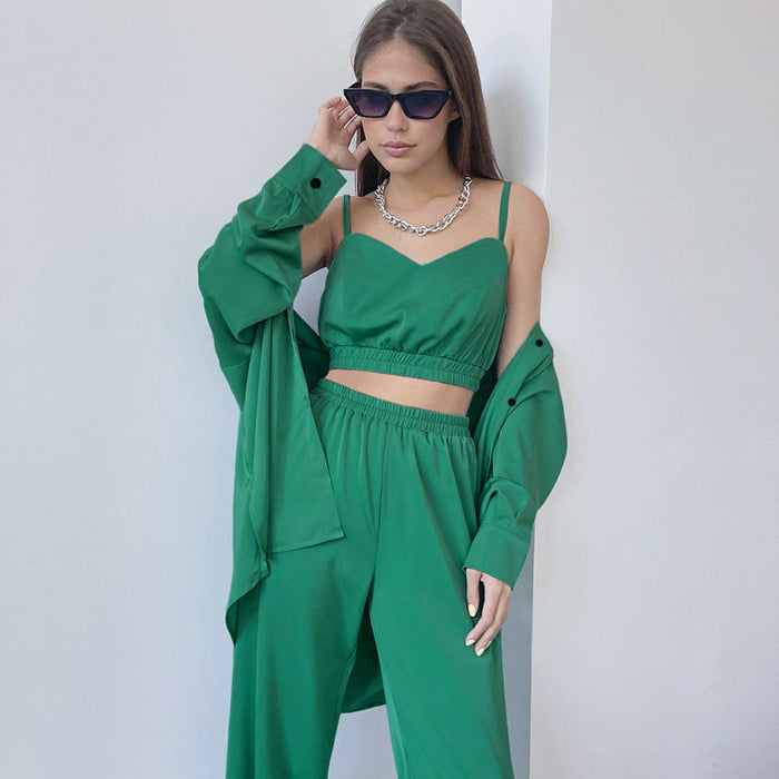 Autumn Suspender Underwear Collared Long Sleeved Shirt Trousers Three Piece Pajamas Women Section Solid Color Homewear