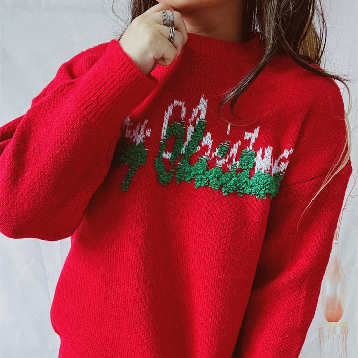 Autumn Winter Round Neck Long Sleeve Letter Graphic Christmas Tree Jacquard Knitted Christmas Sweater Pullover