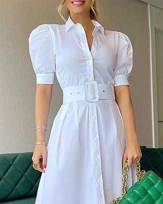 Office Long Short Sleeve Large Swing Dress with Belt