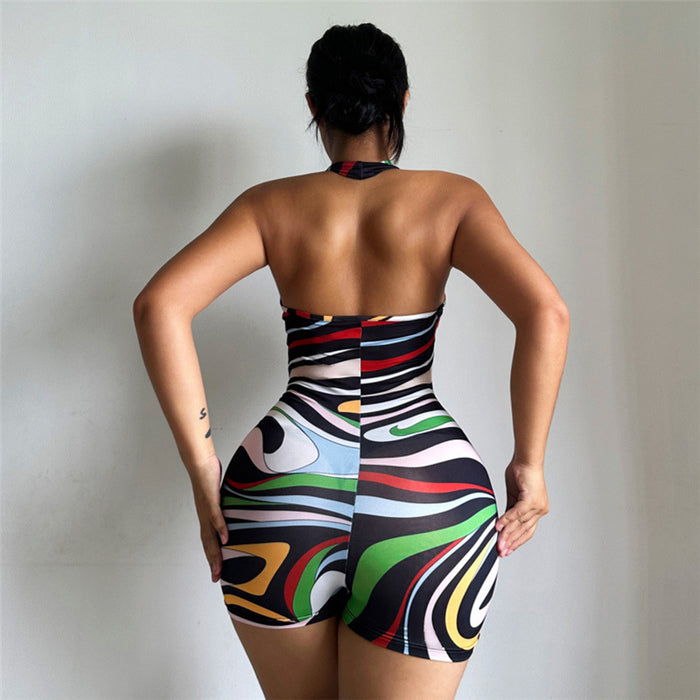 Summer Women Clothing Printed Sexy Backless O neck Short Sports Jumpsuit