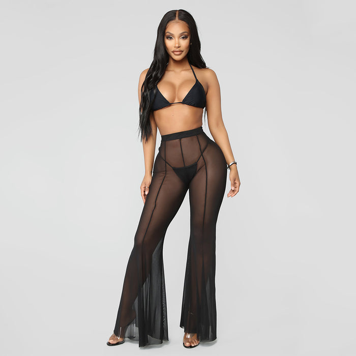 Summer Women Clothing Sexy Mesh See through Stitching Bell-Bottom Pants Women