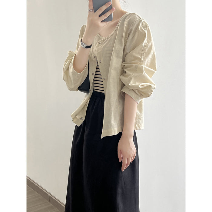 Minimalist Long Sleeve Thin Jacket Coat Autumn Loose Round Neck Single Breasted Top