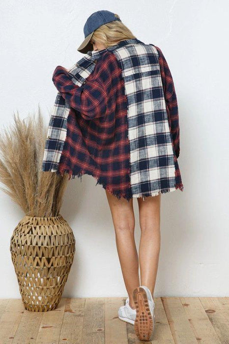 Autumn Winter Color Matching Plaid Hem Wadding Long Sleeve Shacket Women