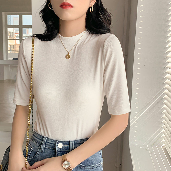 Thread High Elastic White T shirt Women Short Sleeve Summer Slim Fit round Neck Half Sleeve T shirt Stand Collar Top