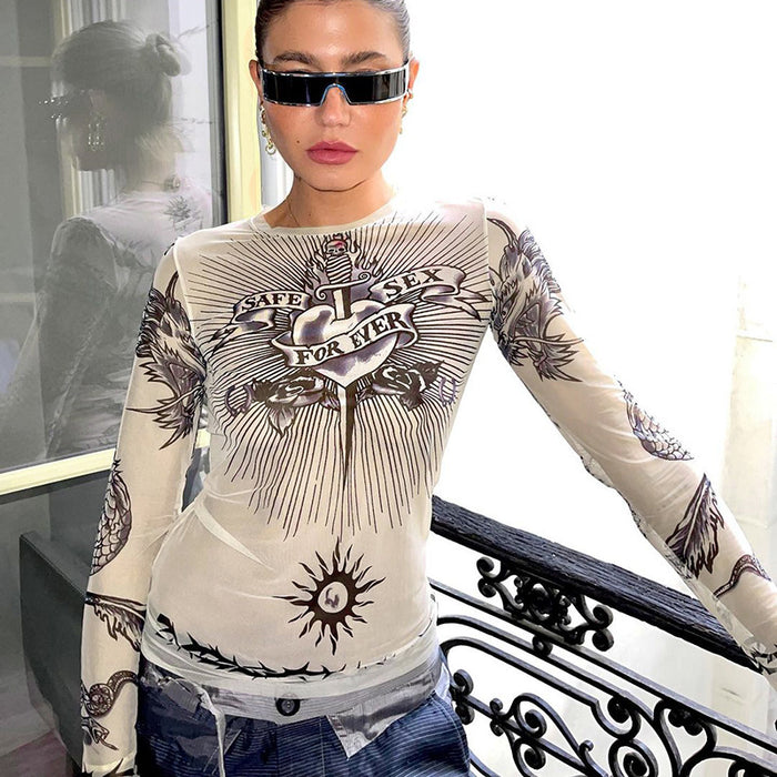 Autumn round Neck Long Sleeve Pullover Print Micro Transparent Casual Women Top