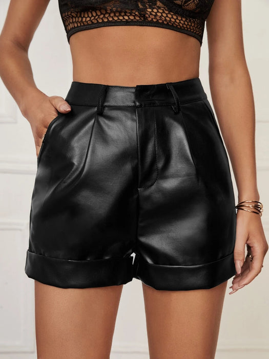 Faux Leather Shorts Women Outer Wear Summer High Roll Hem Pleated Ladies Casual Hip-Wrapped Pants