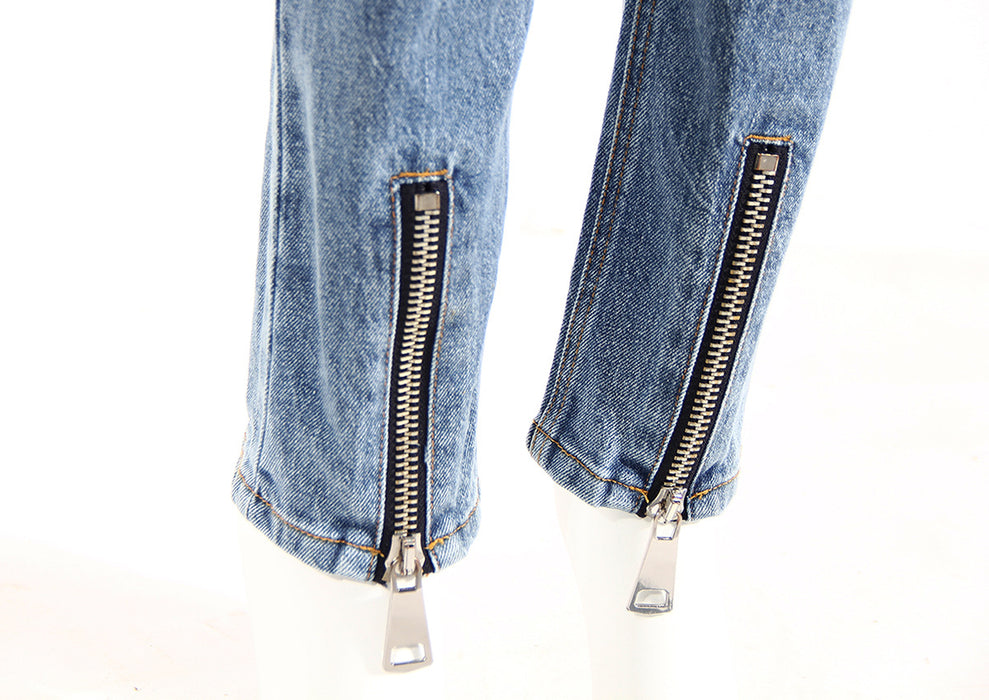 High Waist Jeans Spring Straight Slim Fit Slimming Zipper Decorative Oblique Placket Skinny Slit Slim Fit Pants