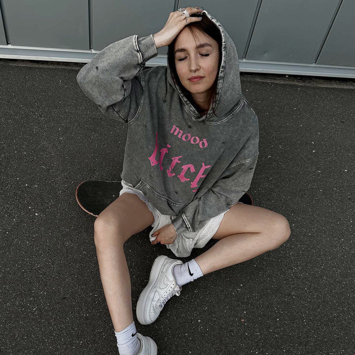 Street Worn Looking Washed-out Broken Letters Printed Hoodie Women Autumn Lazy Loose Pocket Coat